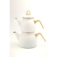 Feyza Design Beyaz Emaye Çaydanlık Takımı, Altın Renkli Metal Kulplu, Retro Tasarım