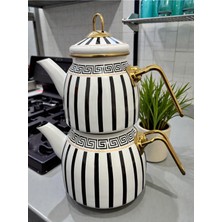 Feyza Design Şık Desenli Emaye Çaydanlık Takımı, Altın Kaplamalı, 1l ve 2l Set