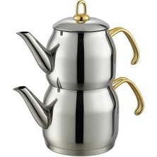 Feyza Design Paslanmaz Çelik 4 Litre Demlik Çaydanlık, Altın Renkli Kulplu, Gold Süzgeçli