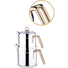Feyza Design Silindir Elmas Kulp Midi Çaydanlık, 18/10 Çelik, Indüksiyon Tab, Altın, 0,6l+1l