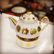 Feyza Design Şık Porselen Isıtıcılı Demlik, Altın Yaldız Detaylı, Zarif ve Elegant Tasarım