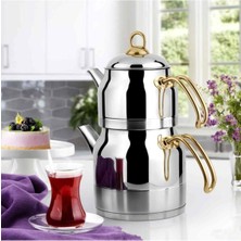 Feyza Design Altın Metal Kulp Çelik Çaydanlık, Kendinden Süzgeçli, Küçük Boy