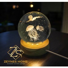 Zeynes Home Kristal Özel Tasarım Cam Küre LED Masa Lambası, Ahşap Altlıklı Renk Değiştiren USB Dekoratif Gece Lambası