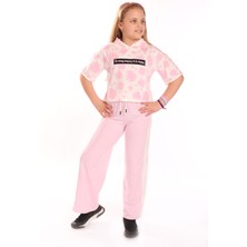 Toontoy Kız Çocuk 2'li Takım Baskılı Kısa Kollu Kapüşonlu Sweatshirt & Beli Lastikli Yanı Bantlı Bol Paça Eşofman Altı - 30/1 Penye
