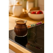 Feyza Design Çiçekli Sap Cam Cezve 400 Ml, Şeritli Model, Isıya Dayanıklı, Şık Tasarım