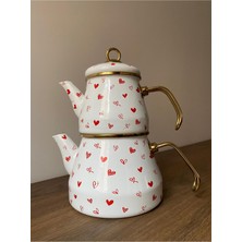 Feyza Design Kırmızı Kalpli Emaye Çaydanlık Seti, Retro Tasarım, 2'li Çay Takımı