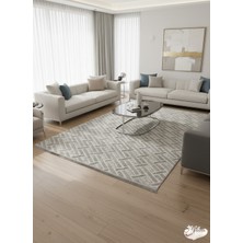 Konak Halı Modern Salon Halısı Geometrik Desenli Açık Gri Emboss Premium Kaymaz Taban Saçaklı