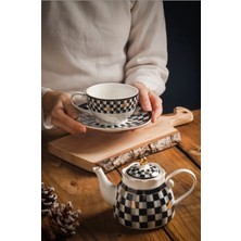 Feyza Design Dama Desenli Gold Çay ve Kahve Fincanı + Porselen Demlik Seti 4 Parça