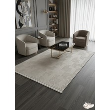 Konak Halı Modern Salon Halısı Premium Seri Bej Emboss Kabartmalı Saçaklı Kaymaz Taban