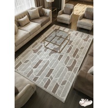 Konak Halı Salon Halısı Geometrik Desenli Kahve Krem Emboss Kaymaz Taban Saçaklı