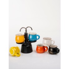 Feyza Design 7 Parça Renkli Porselen Espresso ve Mokapot Seti, Şık Kahve Takımı