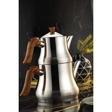 Feyza Design Paslanmaz Çelik Çaydanlık, Ahşap Kulplu, Aile Boy, Şık ve Dayanıklı
