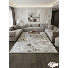 Konak Halı Modern Salon Halısı Kahve Krem Soyut Desenli Emboss Saçaklı Kaymaz Taban