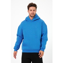 Overoz Basic Kapüşonlu Yarı Oversize Unisex Sweatshirt Mavi Hoodie
