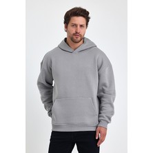 Overoz Basic Kapüşonlu Yarı Oversize Unisex Sweatshirt Gri Hoodie