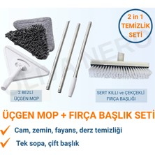 Funflex Üçgen Mop ve Sert Kıllı Fırça Başlık Seti – 2 Bezli Mop ve Çekçekli Fırça Başlık 2'li Set