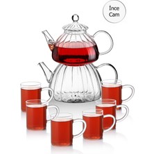 Feyza Design Şık Borasilikat Cam Çaydanlık ve 6 Parça Kupa Takımı Seti