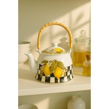 Feyza Design Limon Desenli Damalı Porselen Demlik, Bambu Saplı, Şık Çay Sunumu