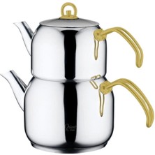 Feyza Design Paslanmaz Çelik Gold Çaydanlık Takımı, 2 Kapaklı, Elegant Tasarım