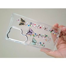 Epro Samsung Galaxy S24 Ultra 3 Boyutlu Kelebek Desenli Taşlı Simli Askı Aparatlı Metal Tuşlu Sert Kılıf