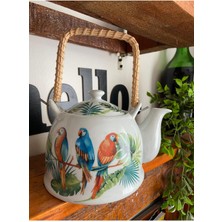 Feyza Design Porselen Hasır Saplı Bitki Çayı Demliği, Papağan Desenli, Kapaklı Dekoratif