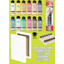 Fanart 40X40 Tuval 2 Adet 12 Renk 140 ml Akrilik Boya 4'lü Fırça Şişeli Palet