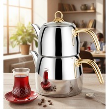 Feyza Design Şık Çelik Çaydanlık, Güçlü ve Dayanıklı, Altın Kulp Tasarımı