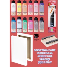 Fanart 30X30 Tuval 2 Adet 12 Renk 140 ml Akrilik Boya 4'lü Fırça Şişeli Palet