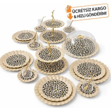 Sudedi Home Leopar Desenli Gerçek Altın Yaldızlı 34 Parça Çay Pasta İkram Seti 6 Kişilik Cam Sunum Seti