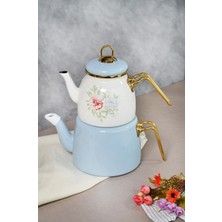 Feyza Design Mavi Emaye Çaydanlık, Retro Tasarım, Çiçek Desenli, Şık ve Kullanışlı