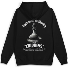 Overoz Empress Satranç Sırt Baskılı Kapüşonlu Yarı Oversize Unisex Sweatshirt Siyah Hoodie 1196