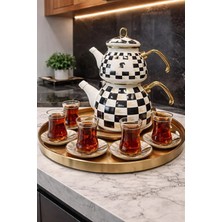 Feyza Design Şık Emaye Çaydanlık Takımı, Damalı Desen, Dayanıklı ve Zarif Tasarım