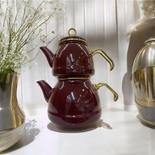 Feyza Design Şık ve Dayanıklı Çift Katlı Emaye Çaydanlık Takımı, Altın Kulplu