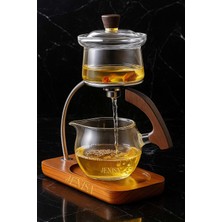 Feyza Design Borosilikat Cam Manyetik Demlik, Ahşap Standlı, Süzgeçli, Bitki Çayı Için