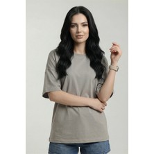 Veleno Kadın Bej Oversize Bisiklet Yaka Relaxed Rahat Kalıp T-Shirt