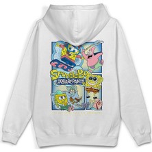 Overoz Sünger Bob Sırt Baskılı Kapüşonlu Yarı Oversize Unisex Sweatshirt Beyaz Hoodie 1232