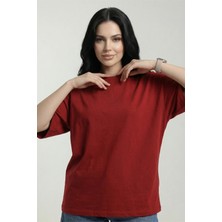 Veleno Kadın Kırmızı Oversize Bisiklet Yaka Relaxed Rahat Kalıp T-Shirt