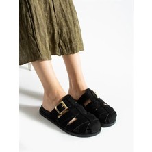 Dicle Polat Patter Siyah Süet Kemer Toka Detaylı Düz Taban Kadın Terlik