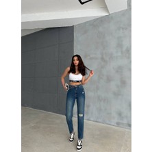 Aida Fashion Tek Diz Yırtık Mom Jeans
