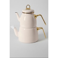 Feyza Design Krem Renk Emaye Çaydanlık Takımı, Gold Saplı, Şık ve Dayanıklı Tasarım