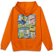 Overoz Sünger Bob Sırt Baskılı Kapüşonlu Yarı Oversize Unisex Sweatshirt Turuncu Hoodie 1232