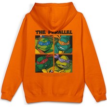 Overoz Ninja Kaplumbağalar Sırt Baskılı Kapüşonlu Yarı Oversize Sweatshirt Turuncu Hoodie 1302