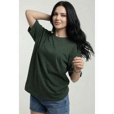 Veleno Kadın Haki Oversize Bisiklet Yaka Relaxed Rahat Kalıp T-Shirt