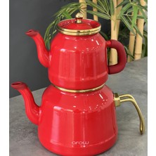 Feyza Design Kırmızı Emaye Lüx Indüksiyon Tabanlı Çaydanlık Takımı