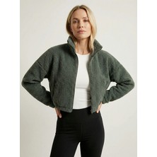 H1Style Uzun Kollu Oversize Fit Cepli Crop Spor Astarlı Fermuarlı Peluş Ceket