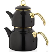 Feyza Design Emaye Çaydanlık Takımı Siyah Gold, 1300 ml ve 2500 ml Set