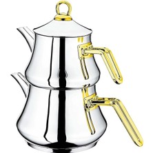 Feyza Design Paslanmaz Çelik Çaydanlık 8076 L, Şık Gold Saplı, Dayanıklı ve Kullanışlı
