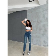 Aida Fashion Tek Diz Yırtık Mom Jeans
