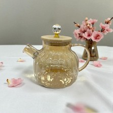 Feyza Design Isıya Dayanıklı Gold Renk Cam Demlik, Bambu & Metal Kapaklı 1000 ml