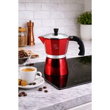 Feyza Design Şık Metalik Kırmızı Mokapot ve 9 Fincan Seti, Kahve Keyfi